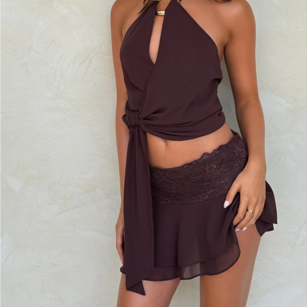 Tiger Mist Brown Halter Crop Top and Skirt SET